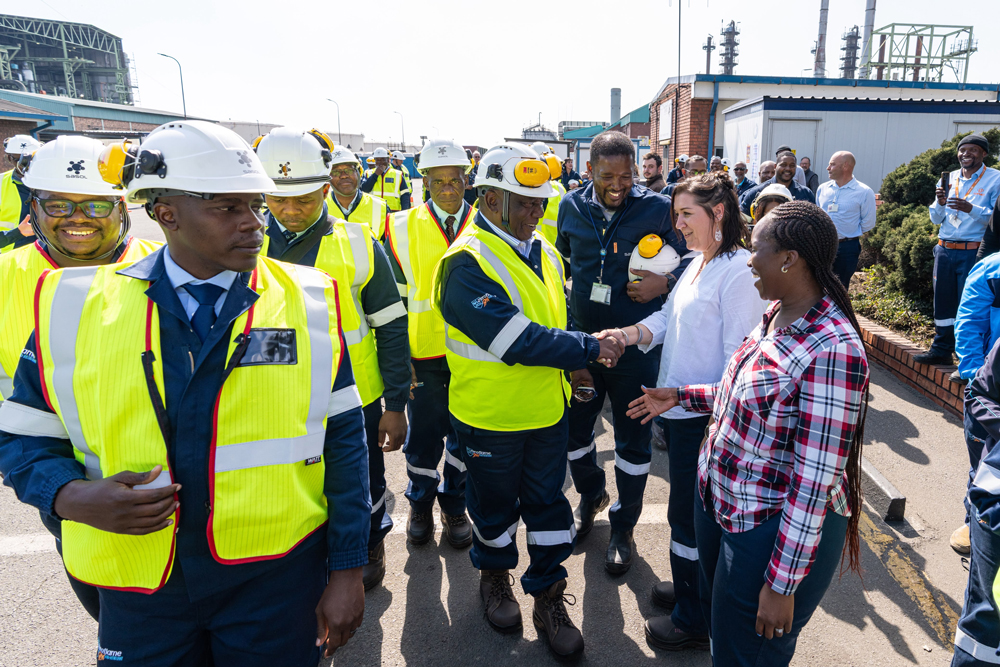 President Ramaphosa greets Sasol employees during a presidential visit